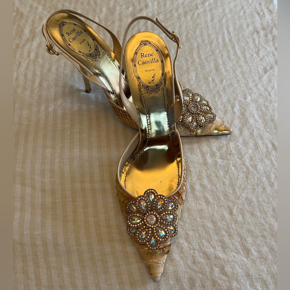Rene Caovilla Snakeskin Slingback Stiletto Heels